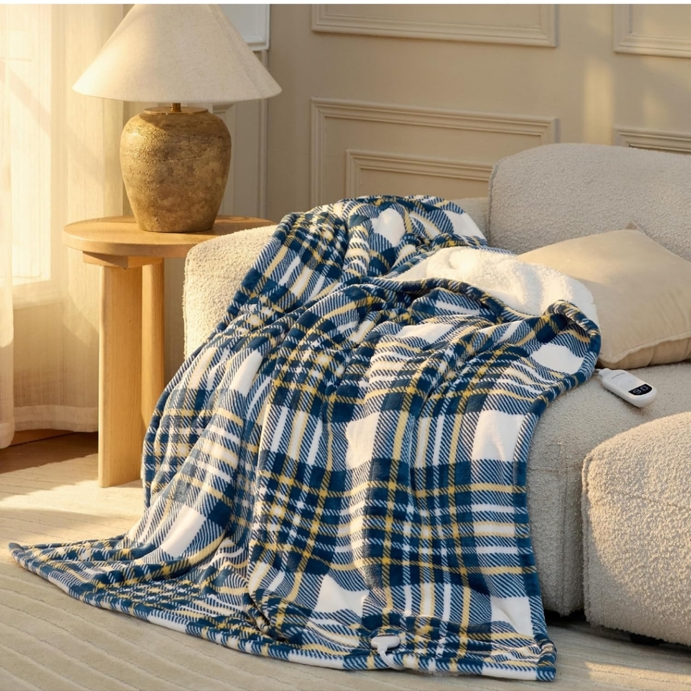 Bedsure Plaid Heated Blanket Throw - Flannel Sherpa Electric Blanket with Plaid